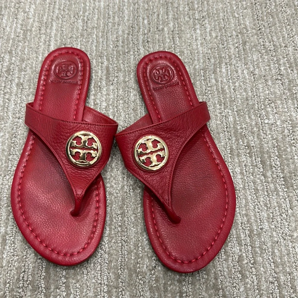 Tory Burch Red Leather Logo Thong Sandals with Gold Medallions